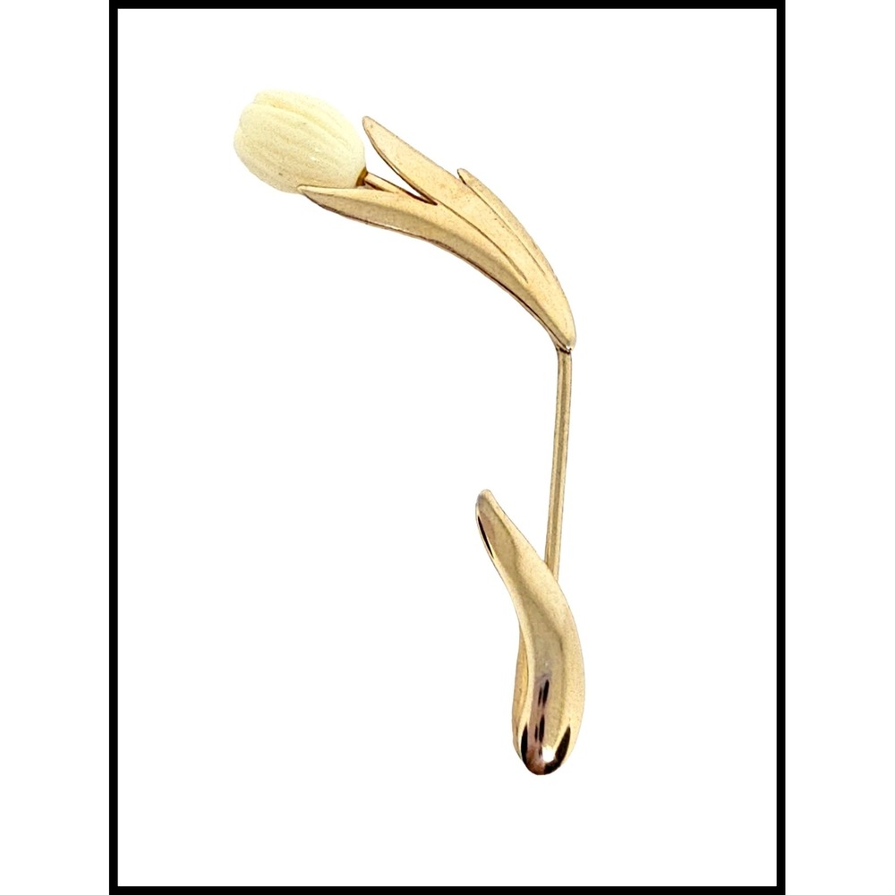 Vintage White Tulip Flower Stickpin Signed Avon Brooch Pin